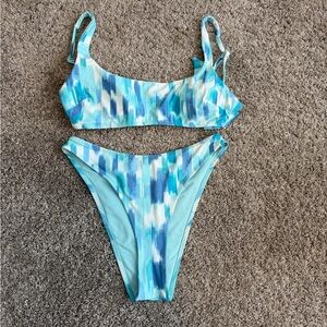 Aerie Blue White Abstract Print Bikini Swimsuit Set Small Tie Back Cheeky Beach